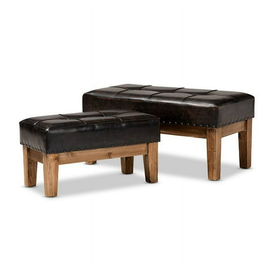 Bowery Hill Faux Leather and Wood Ottoman in Dark Brown Set of 2