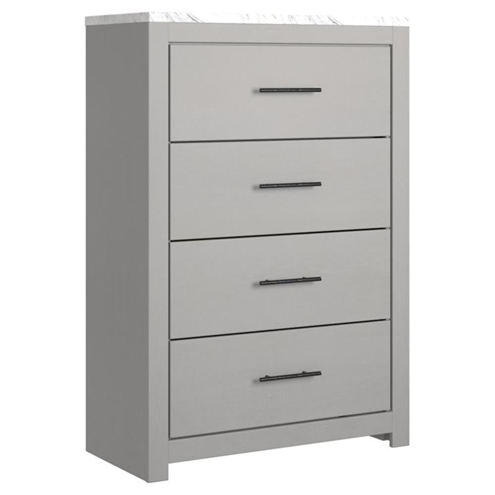 Gray and White Transitional Four Drawer Chest with Faux Marble Top