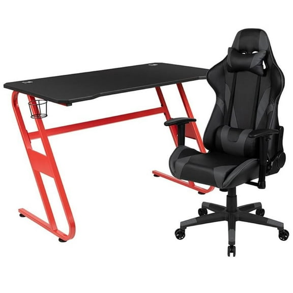 Bowery Hill Gaming Desk and Racing Reclining Chair Set in Red and Gray