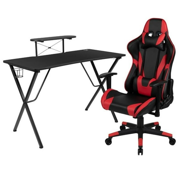 Bowery Hill Gaming Desk and Reclining Swivel Chair in Black and Red