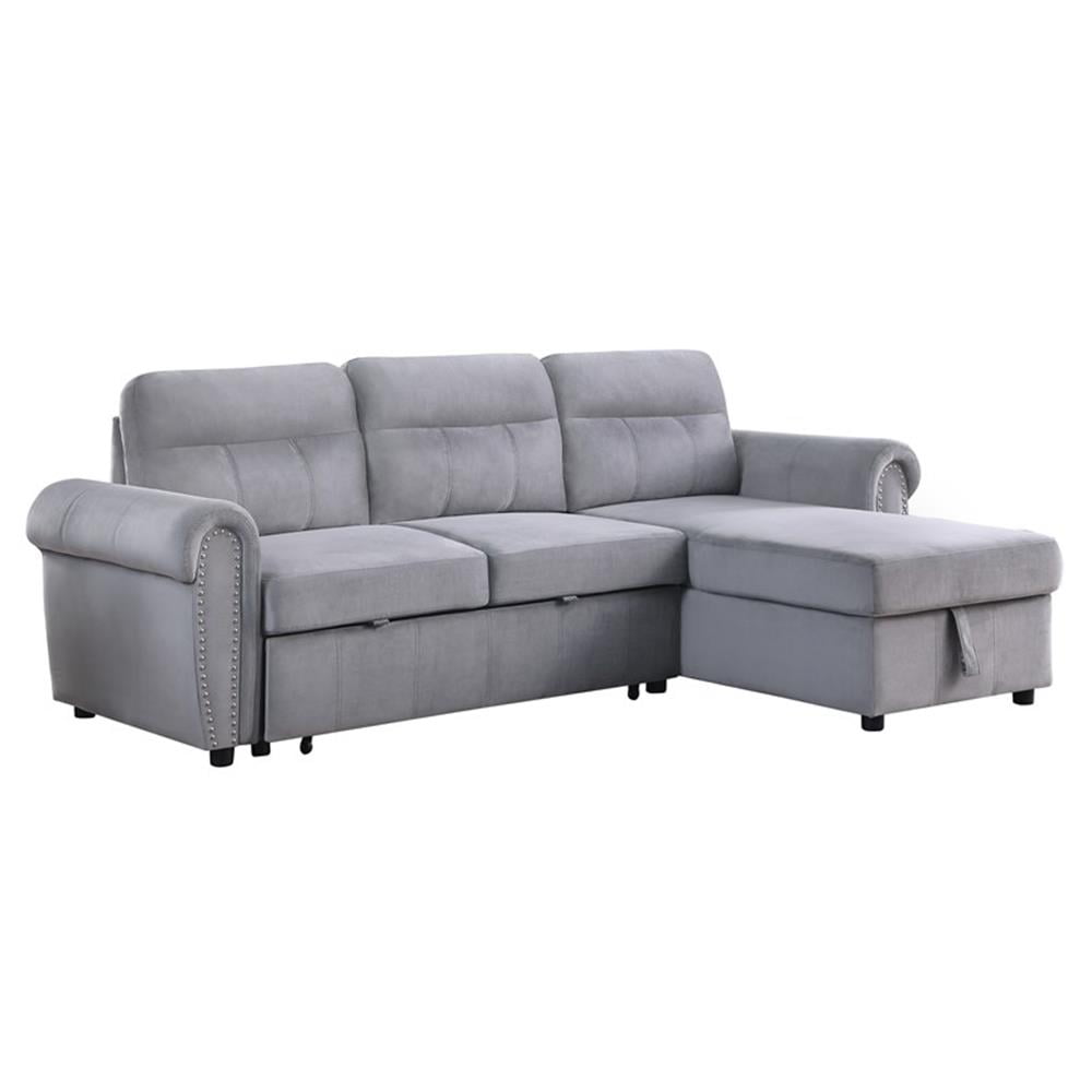 Bowery Hill Gray Velvet Fabric Reversible Sleeper Sectional Sofa Chaise ...
