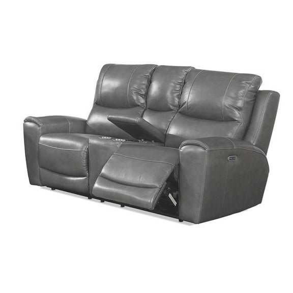 Bowery Hill Grey Leather Power Reclining Console Loveseat
