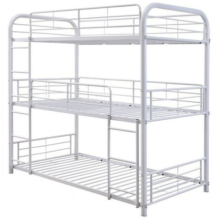 Bowery Hill Industrial Metal 2 Built-in Ladders Triple Twin Bunk Bed in White