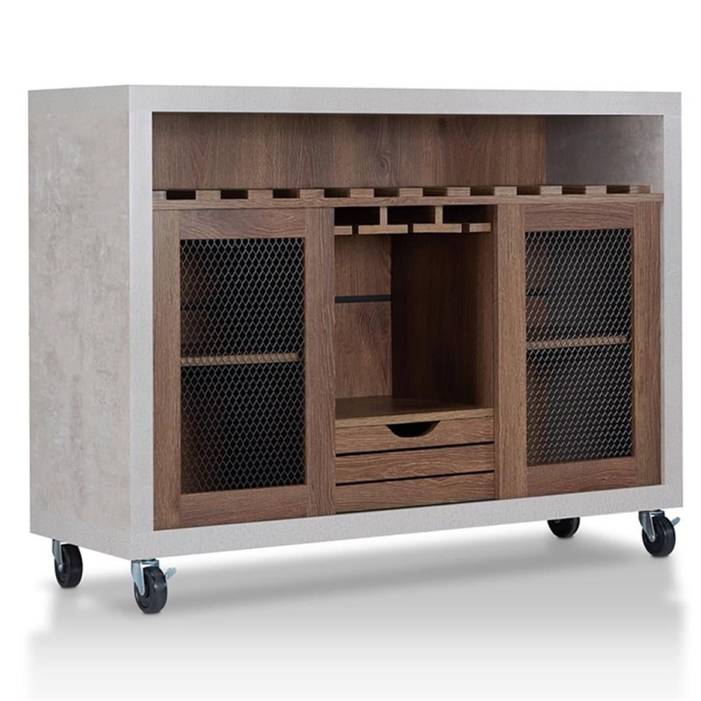 Industrial Distressed Walnut and Cement Wine Rack Buffet