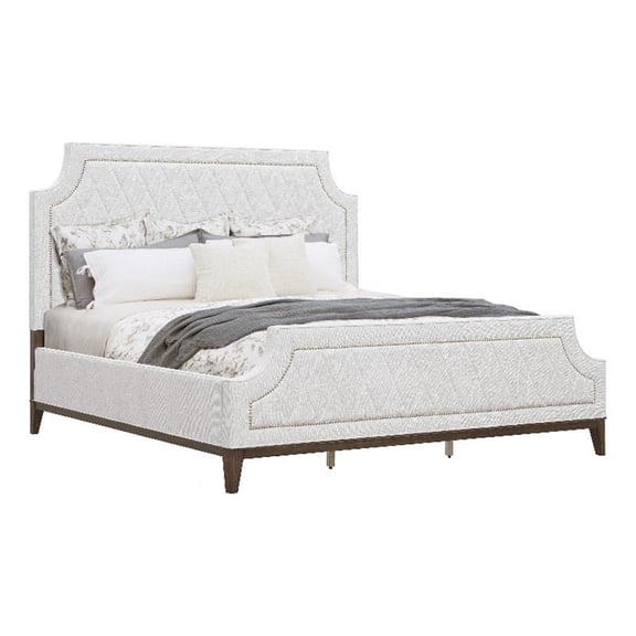 Bowery Hill King Upholstered Bed in White Cloud Fabric with Nailhead