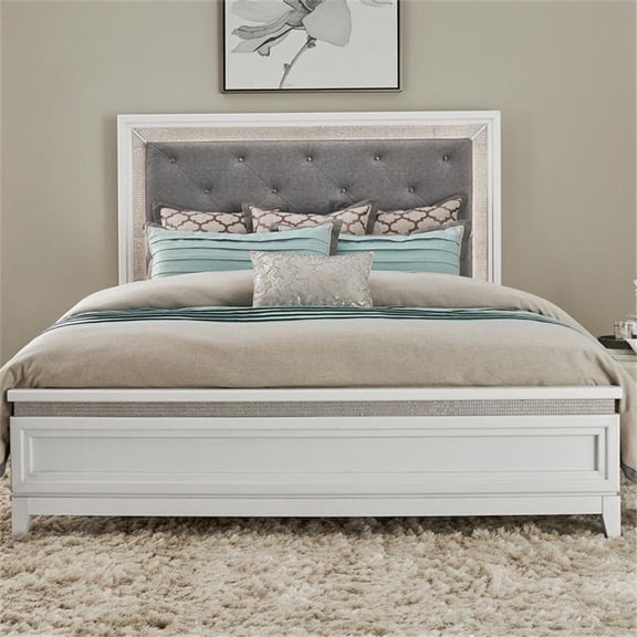 Bowery Hill King Upholstered Bed with LED and Rhinestones in Pearl White
