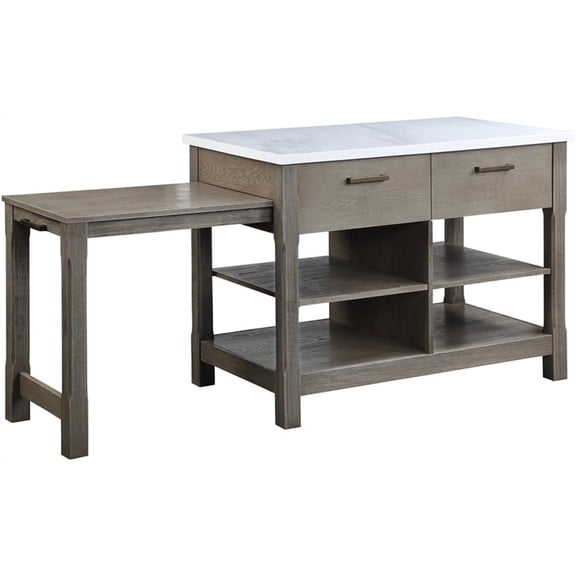 Bowery Hill Kitchen Island with Pull-Out Table and Marble Top in Rustic Oak