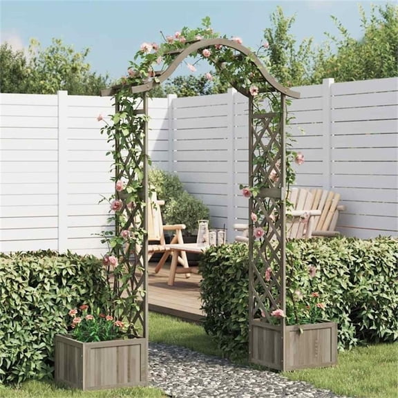 Bowery Hill Large Decorative Inlays Wooden Garden Arch in Grey Solid Firwood