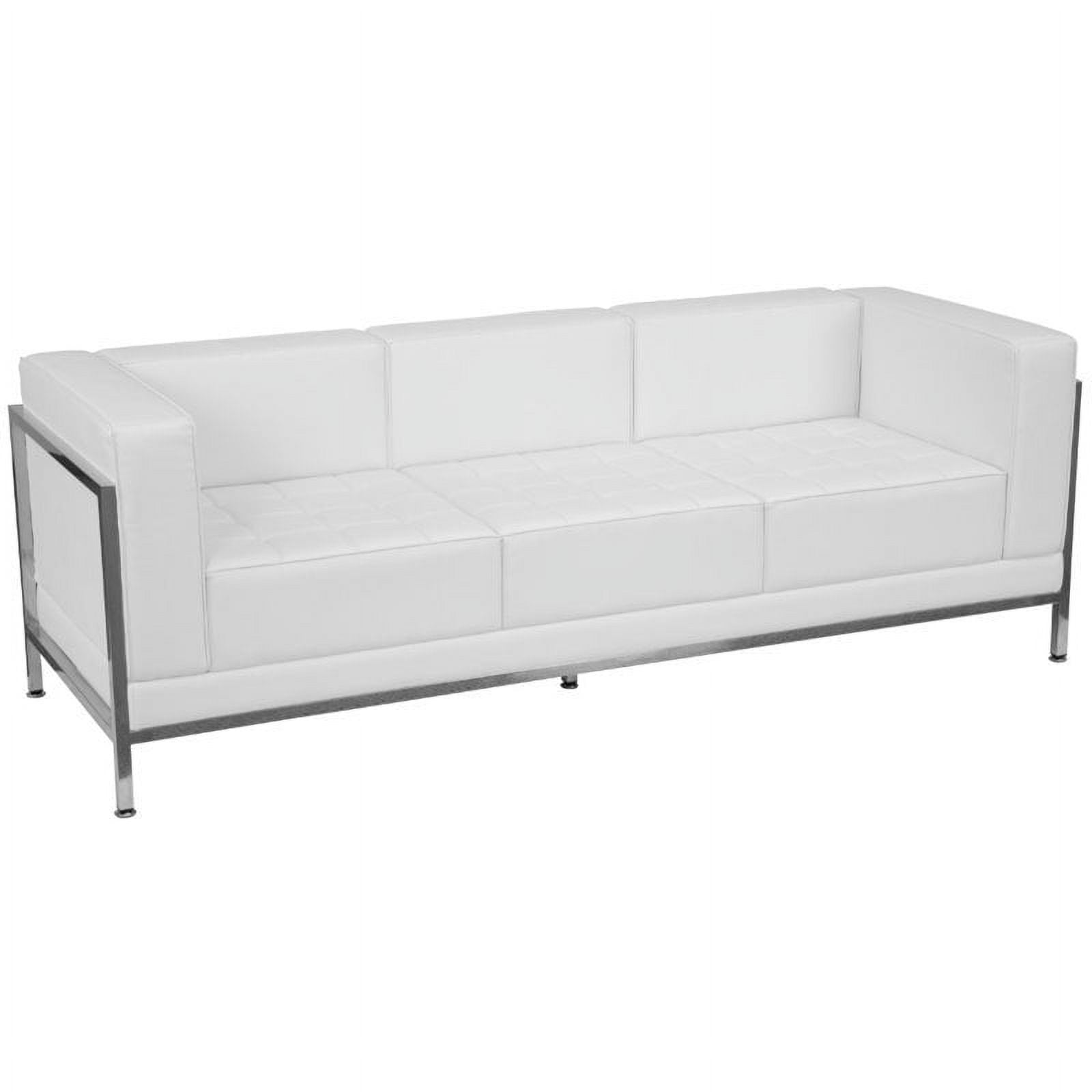 White Tufted Leather Track Arm Sofa with Pillow Back