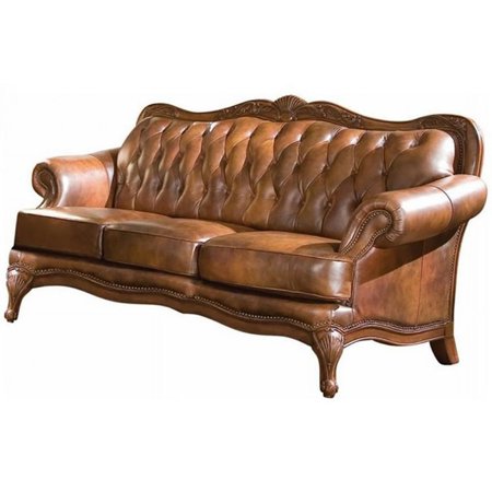 Bowery Hill Leather Tufted Sofa with Rolled Arms in Warm Brown
