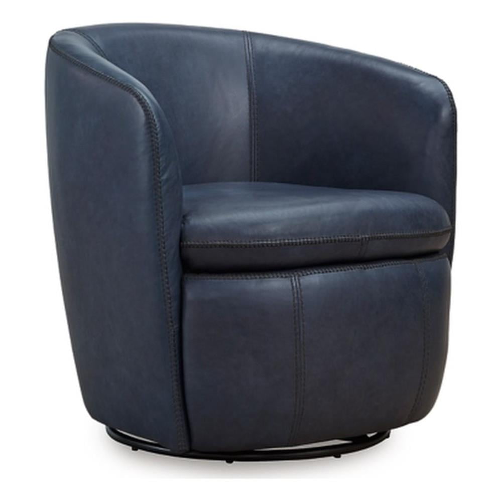 Blue Leather Barrel Back Swivel Chair