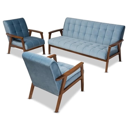 Bowery Hill Light Blue Velvet Upholstered Wood 3-Piece Living Room Set