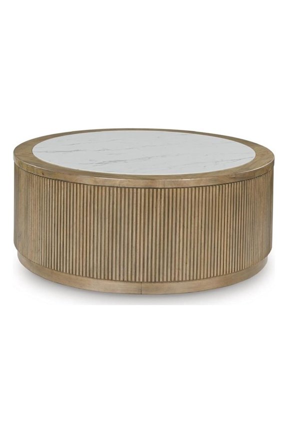 Light Brown Coffee Table with Faux Marble Top and Reeded Base