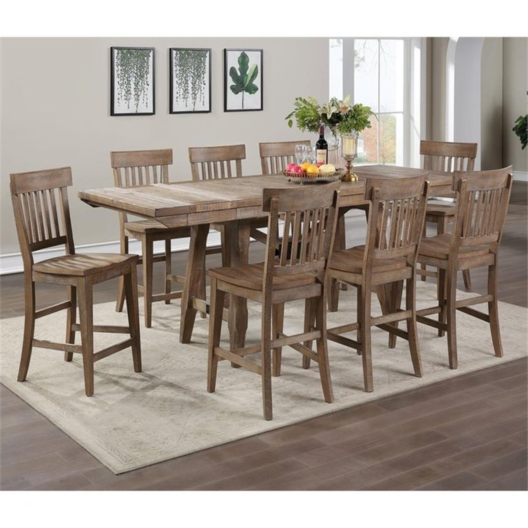 Bowery Hill Extendable Light Brown Distressed Wood 9-Piece Counter