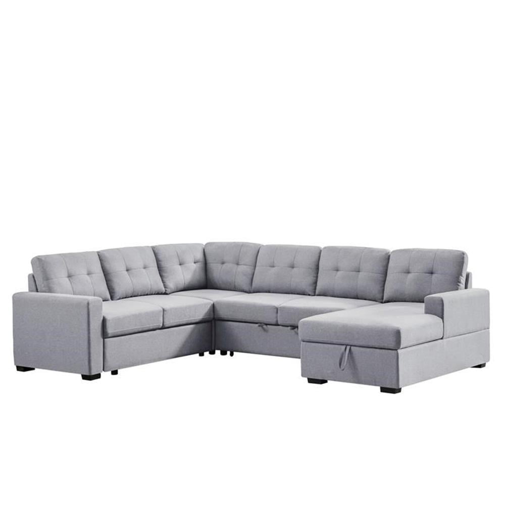 Bowery Hill Light Gray Linen Fabric Sleeper Sectional Sofa with Storage ...