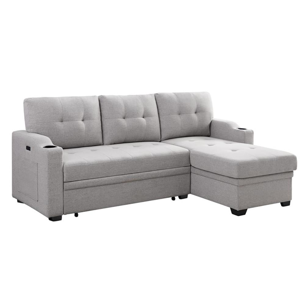 Bowery Hill Light Gray Linen Fabric Sleeper Sectional with cupholder ...
