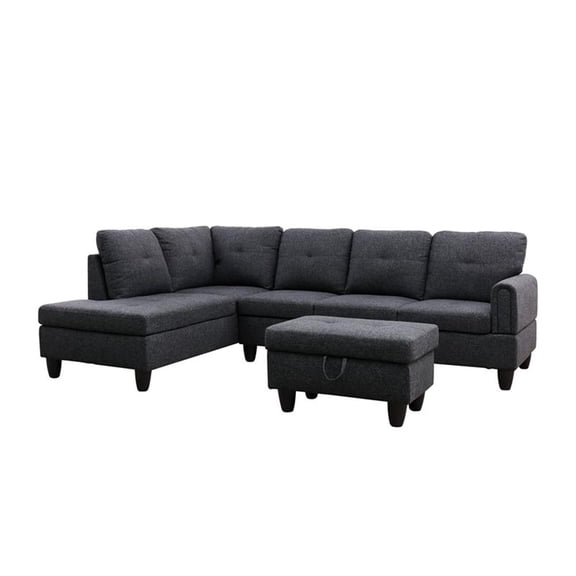 Bowery Hill Living Room 3PC Set Linen Sectional Sofa with Ottoman in Black Gray