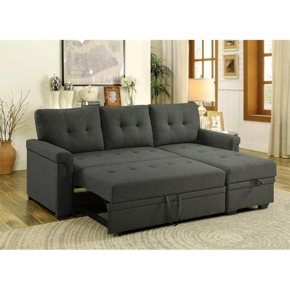 Bowery Hill Lucca Collection Reversible Storage Fabric Sectional Sofa with Pull-out Bed, Gray