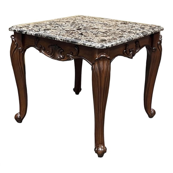 Bowery Hill Marble Rectangular End Table with Floral Legs in Cherry