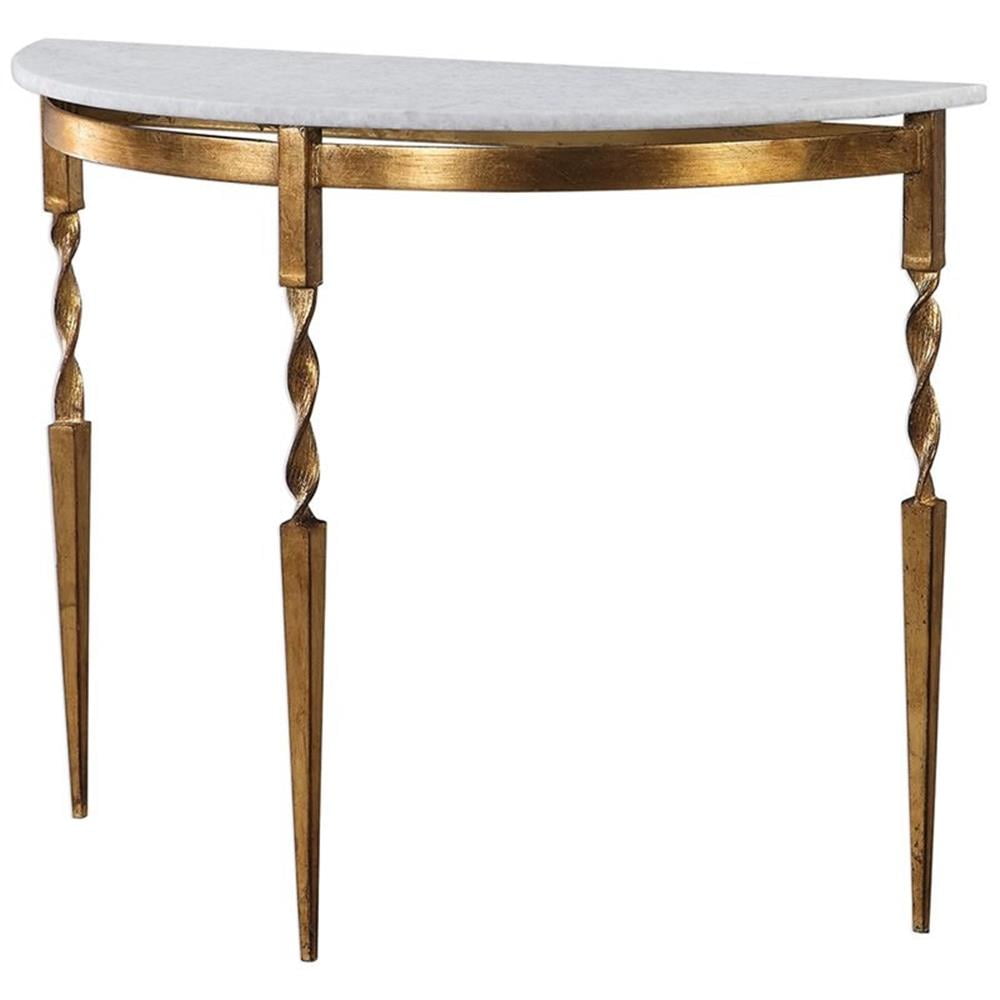 Transitional Gold and White Marble Top Demilune Console Table