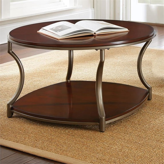Bowery Hill Merlot Cherry Finish Round Wood and Metal Cocktail Table