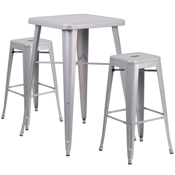 Bowery Hill Metal 3 Piece Bar Table Set in Silver