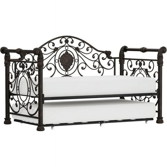 Bowery Hill Metal Sleigh Daybed With Suspension Deck and Trundle in Brown