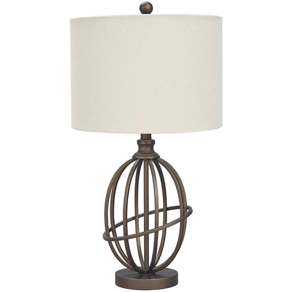Bronze Metal Table Lamp with Beige Drum Shade, 26"
