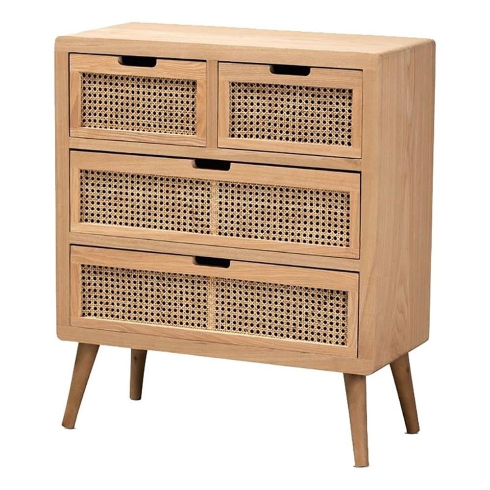 Medium Oak and Rattan 4-Drawer Mid-Century Chest
