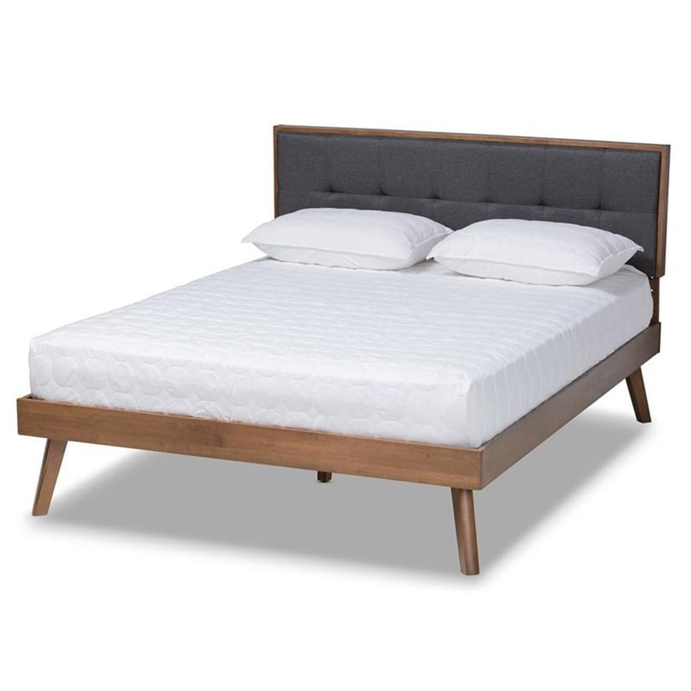 Full Dark Grey Upholstered Walnut Wood Platform Bed