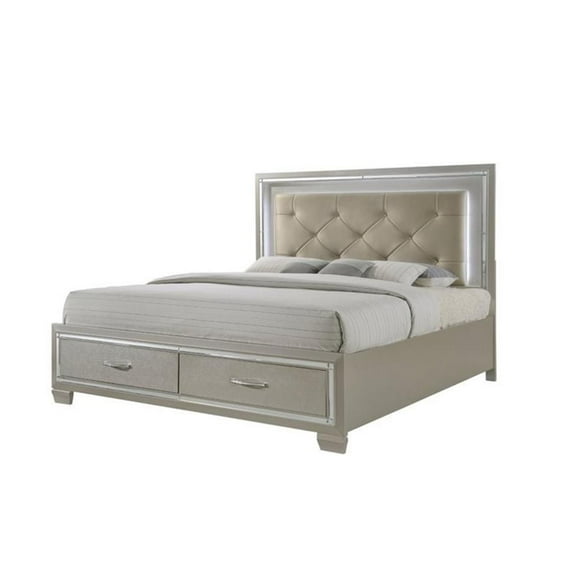 Bowery Hill Mid-Century Solid Wood King Storage Bed in Champagne