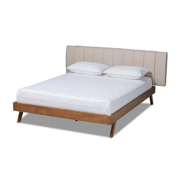 Bowery Hill Mid-Century Upholstered Fabric King Size Bed in Light Beige/Walnut
