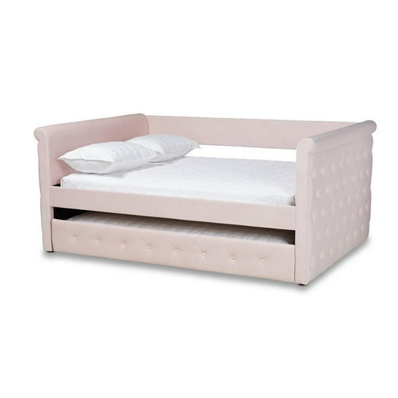 Bowery Hill Mid-Century Velvet Full Daybed with Trundle in Pink