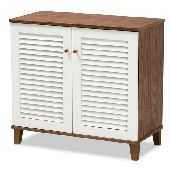Bowery Hill Modern 2 Doors 12 Pairs Shoe Cabinet in White and Walnut Finish