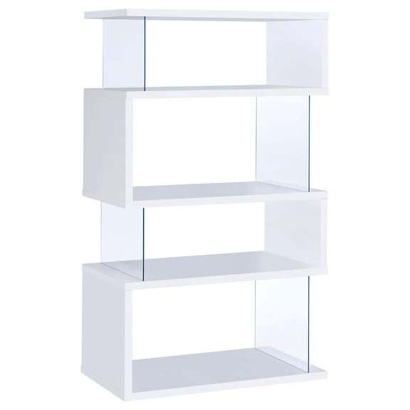 Bowery Hill Modern 4 Shelf Ignacio Geometric Bookcase in Glossy White and Glass