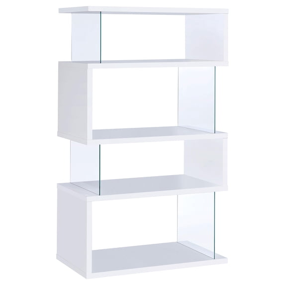 Bowery Hill Modern 4 Shelf Ignacio Geometric Bookcase in Glossy White and Glass