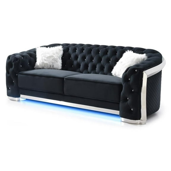 Bowery Hill Modern Black Velvet Sofa With LED Accent Lighting