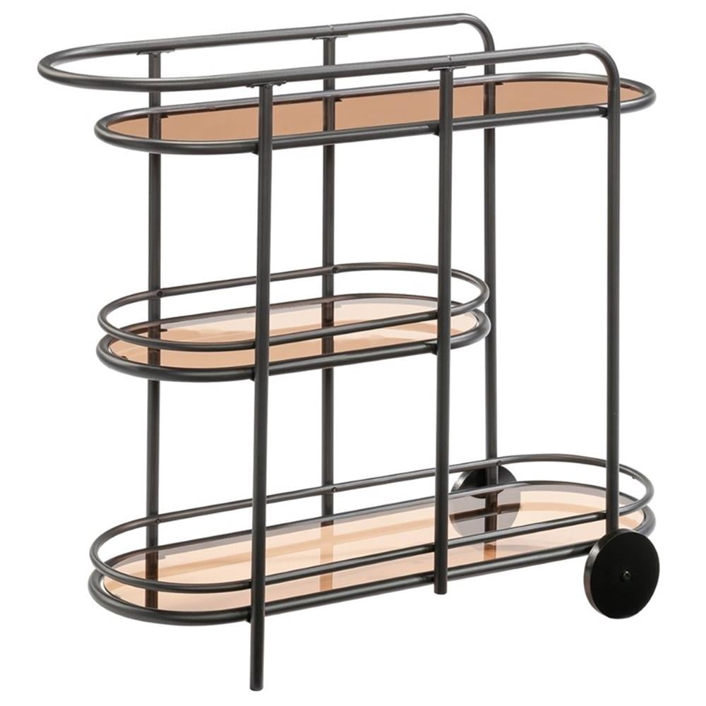 Coral Cape Black Metal Bar Cart with Amber Glass Shelves