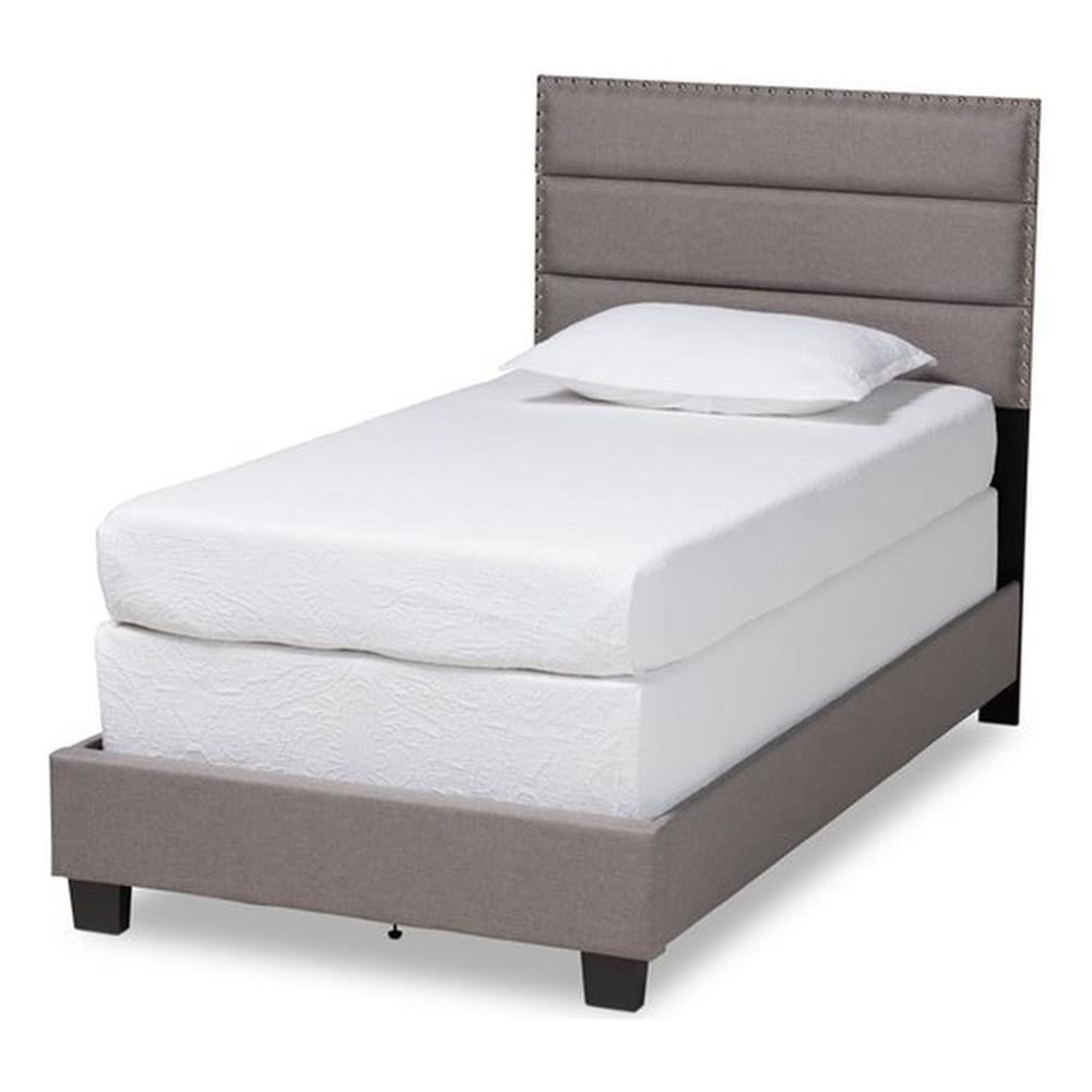 Gray Twin Upholstered Bed with Tufted Headboard and Nailhead Trim