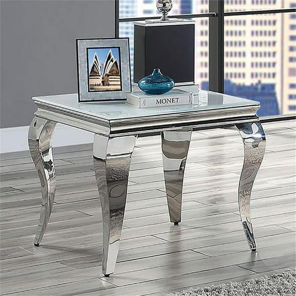 Bowery Hill Modern Glass Top End Table in White and Silver Finish