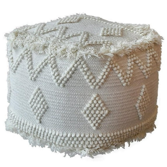 Bowery Hill Modern Hand Woven Wool and Cotton Pouf in Ivory