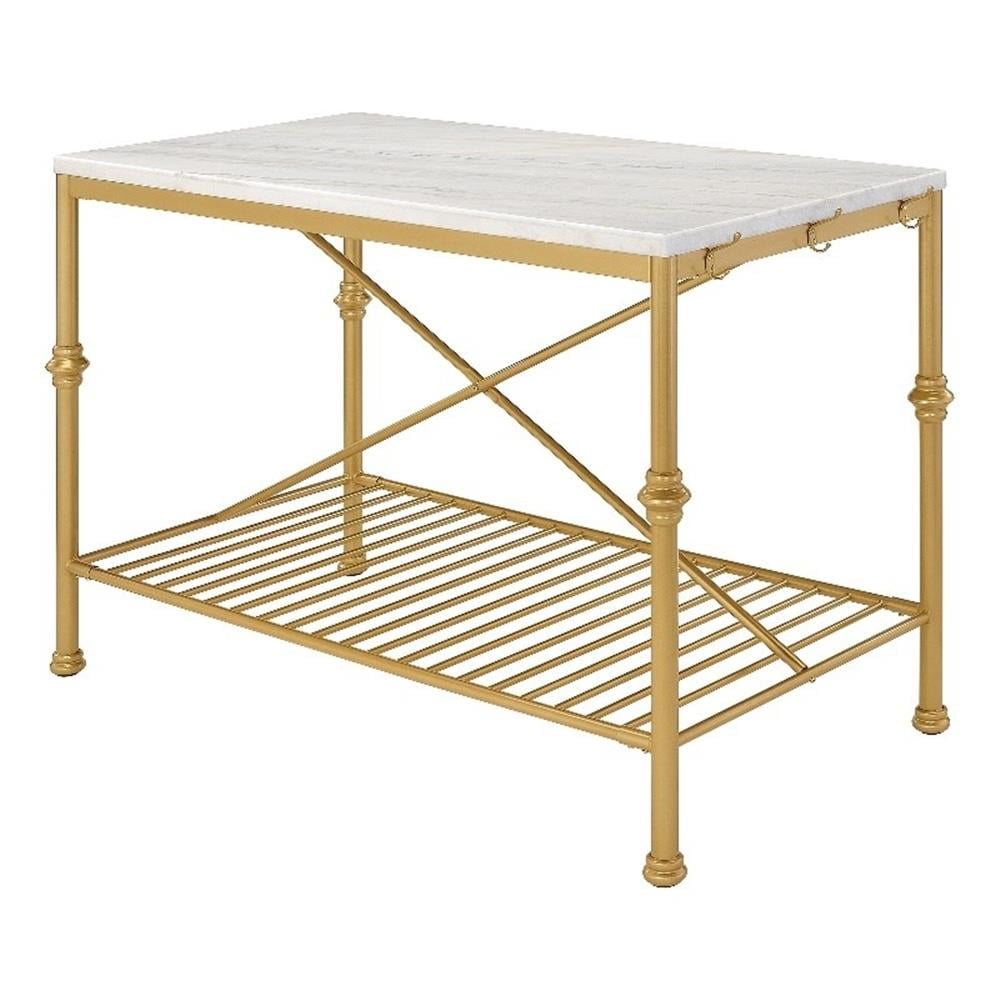 Bowery Hill Modern Marble Top Kitchen Island in Gold and White