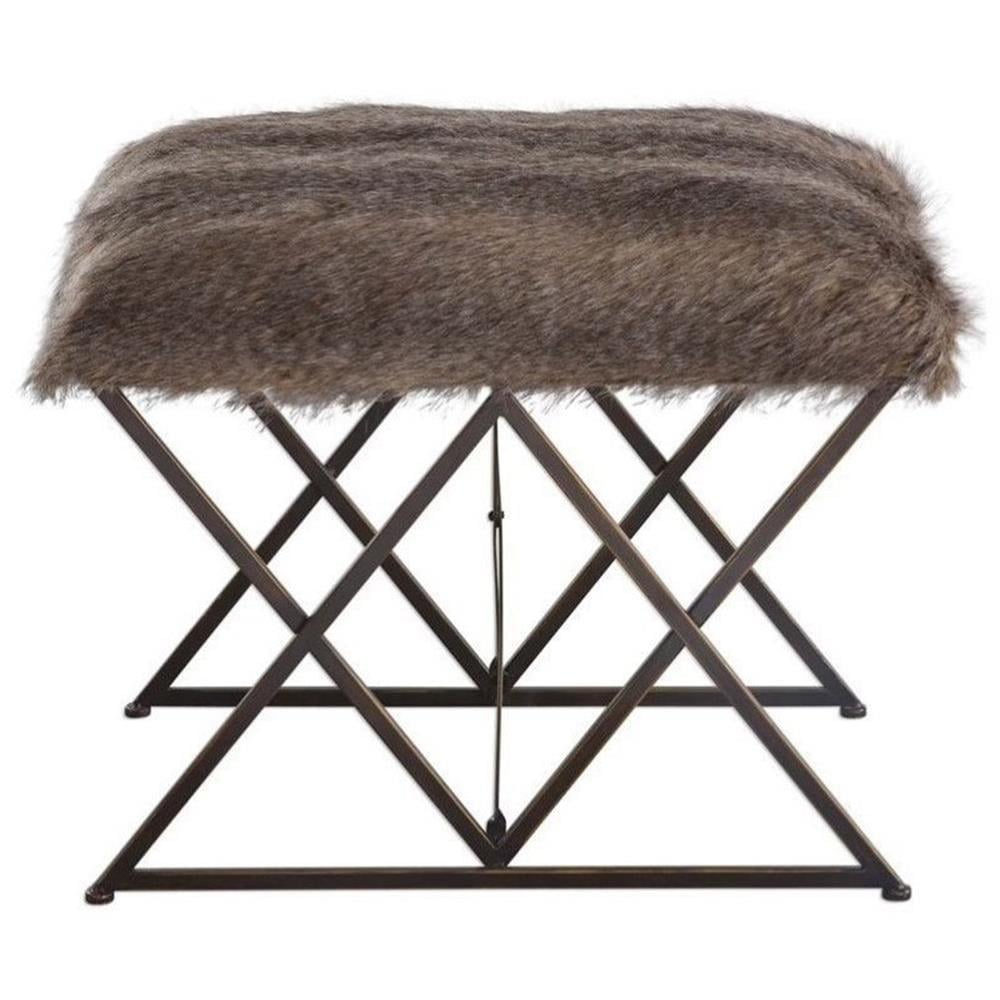 Brown Faux Fur Small Bench with Iron Argyle Legs