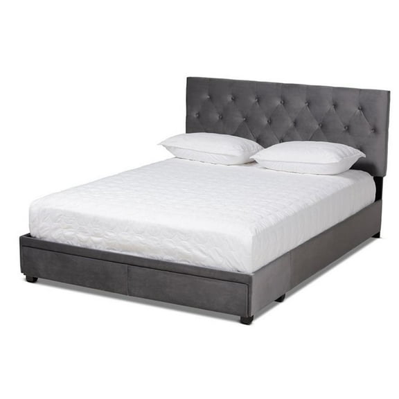 Bowery Hill Modern Velvet Tufted Platform Storage Queen Bed in Gray