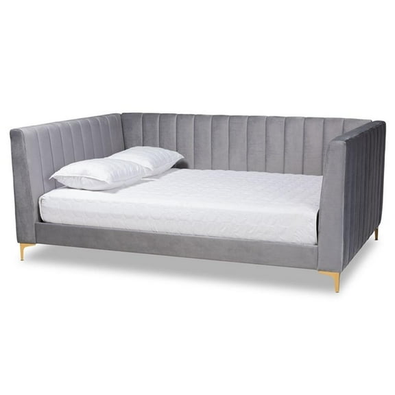 Bowery Hill Modern Velvet Upholstered and Gold Finished Full Size Daybed in Gray