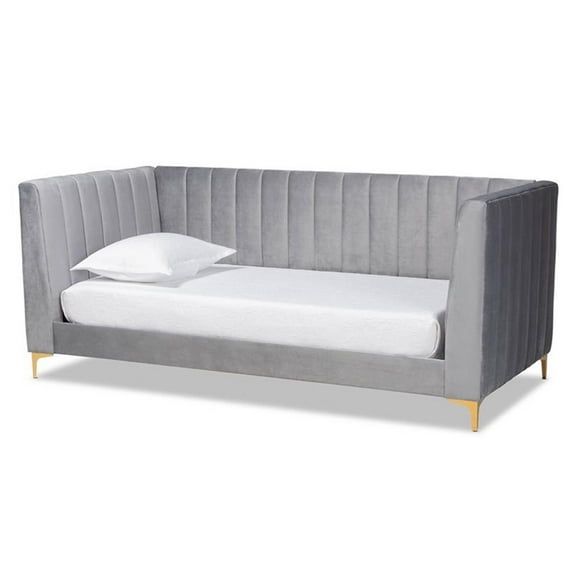 Bowery Hill Modern Velvet Upholstered and Gold Finished Twin Size Daybed in Gray