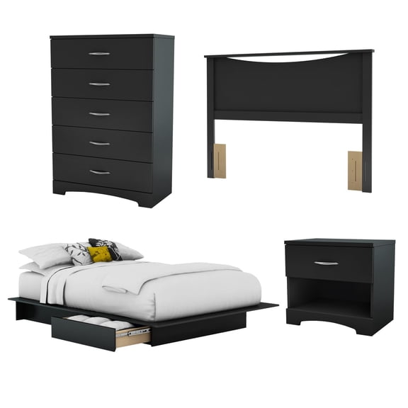 Bowery Hill Modern Wood 4 Piece Full Bedroom Set in Pure Black
