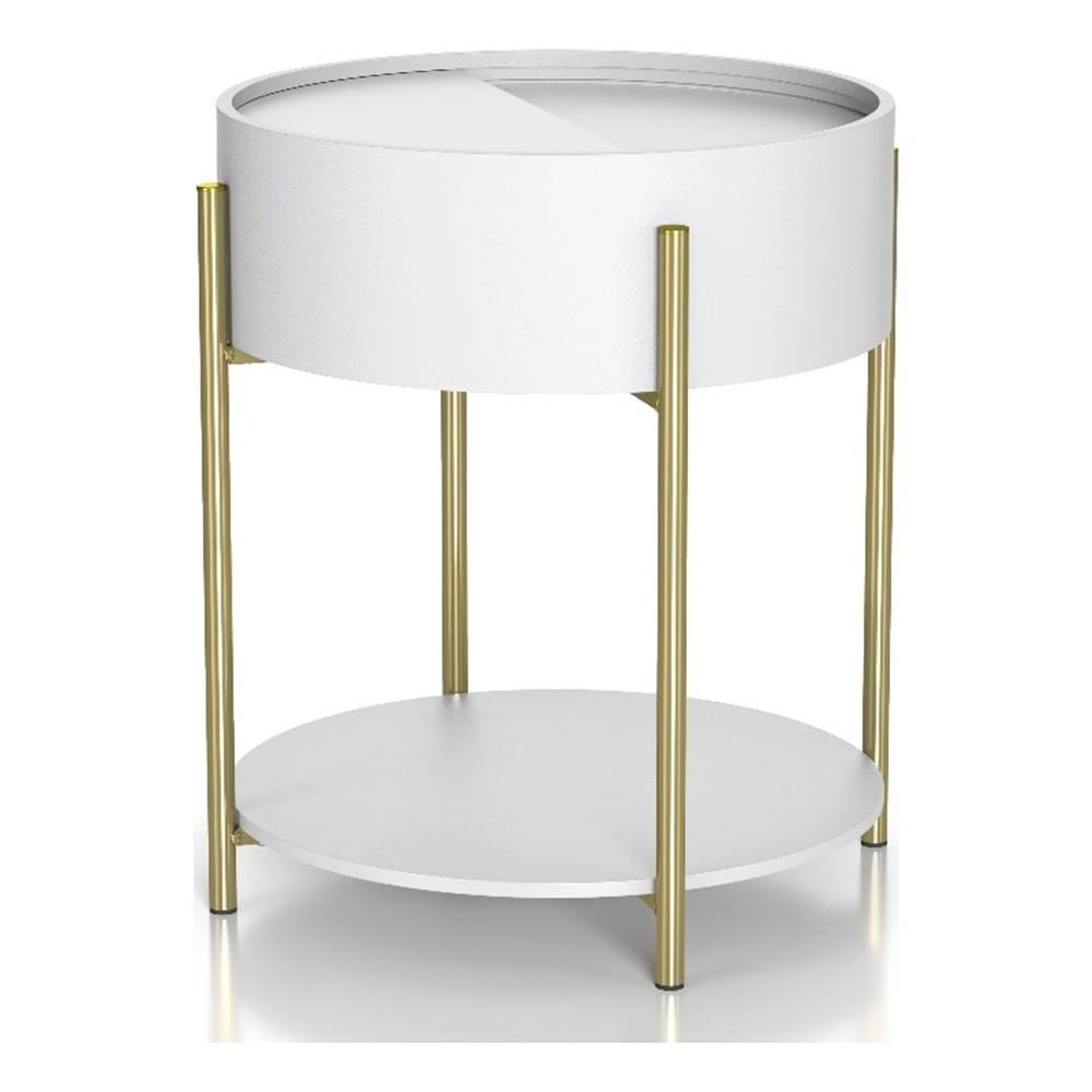 Modern White MDF End Table with Gold Metal Legs and Hidden Storage