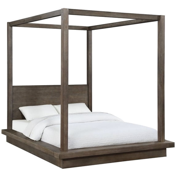 Bowery Hill Modern Wood Full Canopy Bed in Rustic Dark Pine Finish
