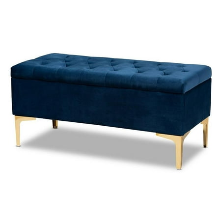 Bowery Hill Velvet Navy Blue Ottoman Rectangular Button Tufted Storage 38" Unassembled